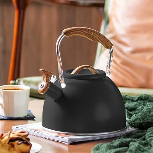Tea Kettle - 3 Quart Whistling Tea Kettle Stainless Steel Tea Pots For Stove Top Stylish Kettle With Anti-Slip Handle Whistle Folding Water Kettle Stovetop Tea Pot For Boiling Water Gift Black #TOP3