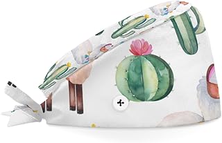 Bouffant Scrub Caps Printed Working Surgical Cap Cactus Llama Print Nurse Hats with Buttons and Sweatband Adjustable Tie Back Hat for Women Men Multi Color