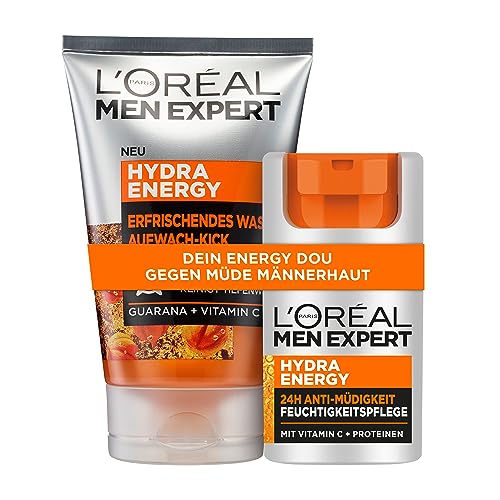 L'Oréal Men Expert Gesichtspflegeset für Männer, Gesichtsreinigung (100ml) + Feuchtigkeitscreme (50ml), Erfrischende und Belebende Männerpflege mit Vitamin C, Hydra Energy Set