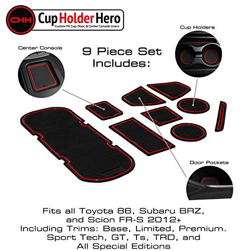 CupHolderHero for Subaru BRZ, Toyota 86, and Scion FR-S 2012-2020 Custom Liner Accessories Cup Holder and Center Console Inserts 9-pc Set (Red Trim)