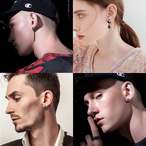14 Pcs Black Goth Punk Stainless Steel Non Pierced Cross Feather Spike Awl Star Of David Dangle Tassel Clip On Hoop Earrings Set Jewelry For Women Men, Non Piercing Fake Cross Magnetic Stud Earrings #TOP6