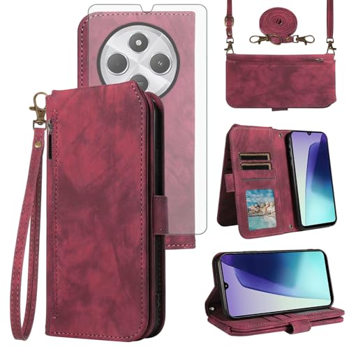 Coque Xiaomi Redmi 14C 5G Asuwish rouge avec porte-cartes et verre trempé