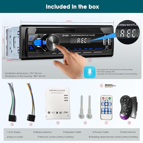 iFreGo Car Radio Bluetooth, Single DIN Car Stereo,FM Radio,Car Audio Receivers with Handsfree Calling & Music Streaming,Supports USB,SD,AUX,7 LED Colors MP3 Player,Quick Charge,Clock Display,No CD