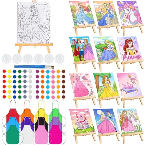 Ireer 12 Sets Kids Paint Party Kits Include 12 Princess Pre Drawn Canvas with Drawing Boards 12 Easels 12 Sets Brushes and Acrylic Paints 12 Palettes 12 Aprons for Princess Party Birthday Gifts