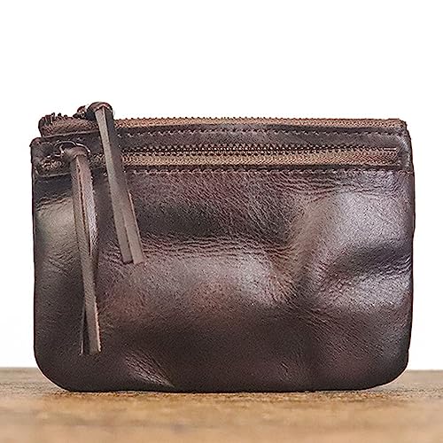 1PCS Leather Coin Pouch Double Zipper Leather Coin Purse Leather Coin Purse for Women Holds Folded Bills and Coins (Coffee color)4