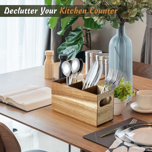 Drastar ACACIA FLATWARE ORGANIZERS Silverware Holder,Acacia Wooden Utensil Caddy, Silverware Organizer Countertop thumb #4