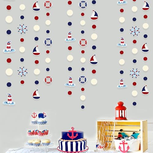 Image of Nautical Party Decorations Red Blue Beige Circle Dots Garland Hanging Paper Polka Dot Streamer for Birthday Wedding Shower Bachelorette Nautical Ahoy Achor Pirate Theme Party Decorations Supplies