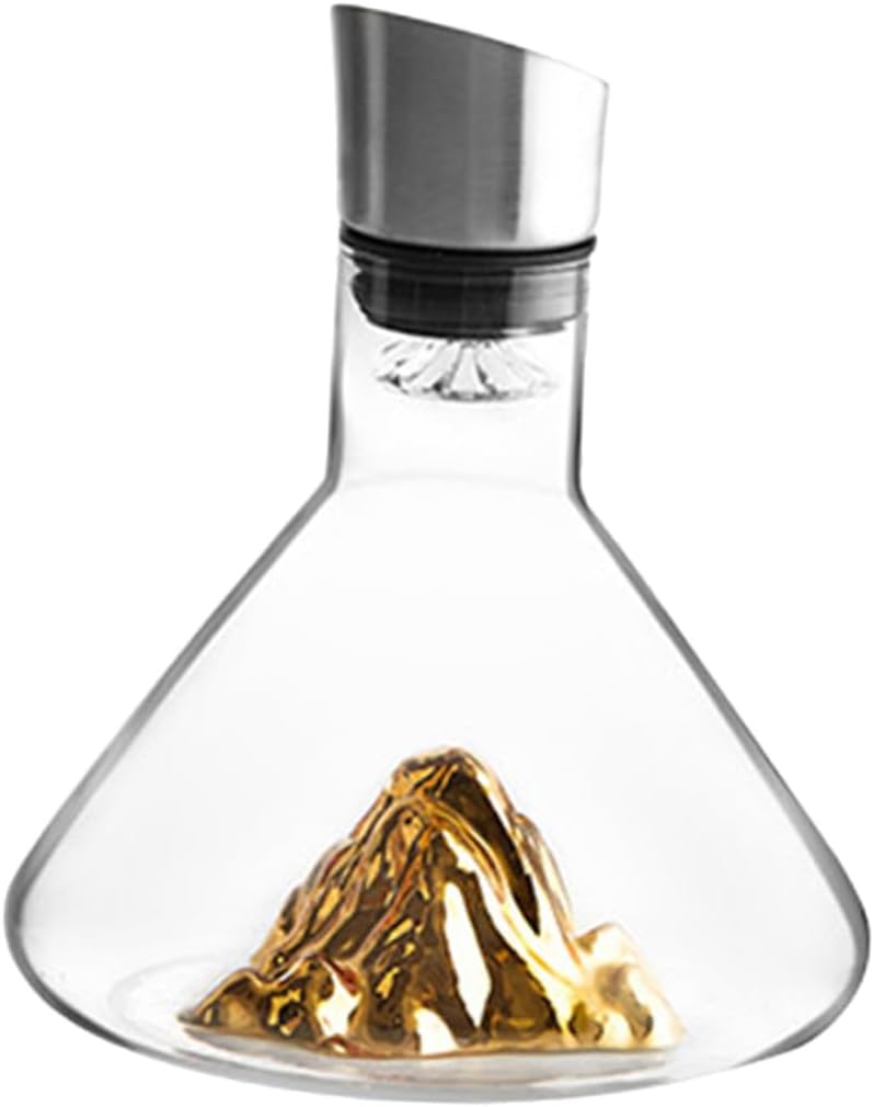 FUOYLOO Crystal Wine Decanter 1500ml Fast Decanter with Inclined Mouth Golden Tone Household Wine Container for Quick Aeration and Serving