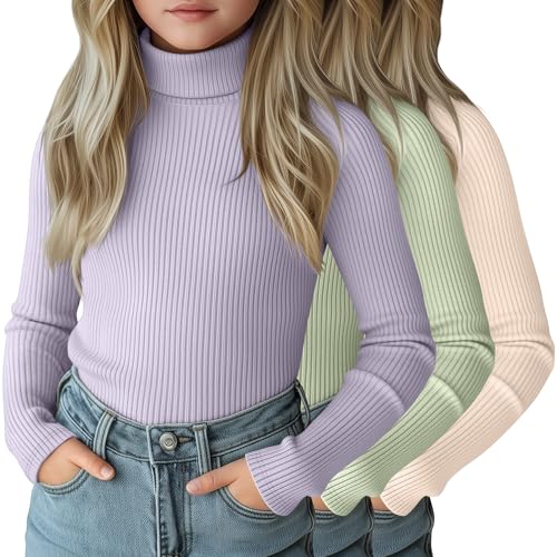 Girls Turtleneck Knit Shirt Pack (3) Ribbed Cotton Base Layers