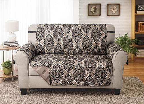 Couch Guard Loveseat Cover, Sofa Slipcover, Furniture Protector. Shield & Protects from Dogs, Cats, Pets, Kids, Stains. Reversible, Quilted with Elastic Strap. Easy Wash & Dry. French Damask & Taupe