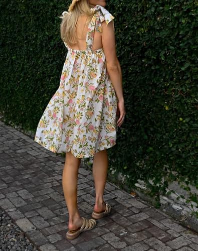 Image of Women Floral Tie Shoulder Mini Dress Cute Square Neck Loose Fit Beach Short Dress Backless Boho Vocation Sundress