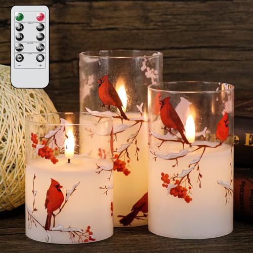 GenSwin Red Bird Glass Flameless Candles with Remote Timers, Battery Operated Moving Wick Led Flickering Light, Real Wax Pillar Candles for Christmas Home Decoration(Pack of 3, 3”x4”5”6”)