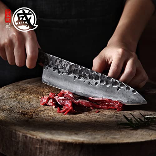 MITSUMOTO SAKARI 20 cm Coltelli da Cucina Professionali, Coltello Giapponese Forgiato a Mano, Coltello da Cucina in Acciaio ad Alto Carbonio (Manico in Palissandro e Scatola di legno Boutique) - immagine 4