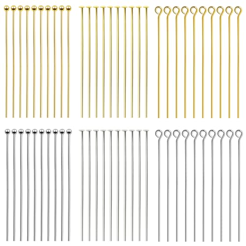 TOAOB 600pcs Assorted Head Pins Set for Jewelry Making Includes Brass Gold Silver Headpins 50mm Flat Head Pins and Eye Pins for DIY Craft