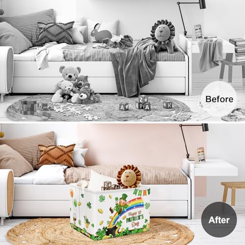 Image of Clastyle Lucky Clovers Saint Patrick's Day Baby Gift Basket Collapsible Rectangle Gold Coin Kid Toy Storage Box Rainbow Plaid Clothes Book Shelf Basket, 36L White
