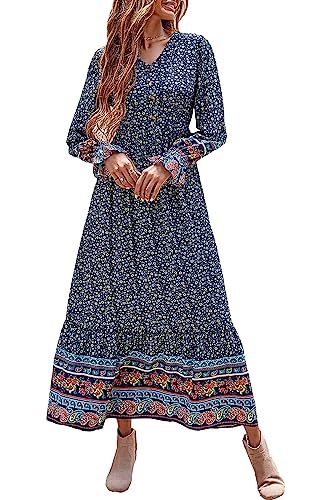 PRETTYGARDEN Long Sleeve Maxi Dress for Women V Neck Casual Button Down Boho Long Floral Dresses