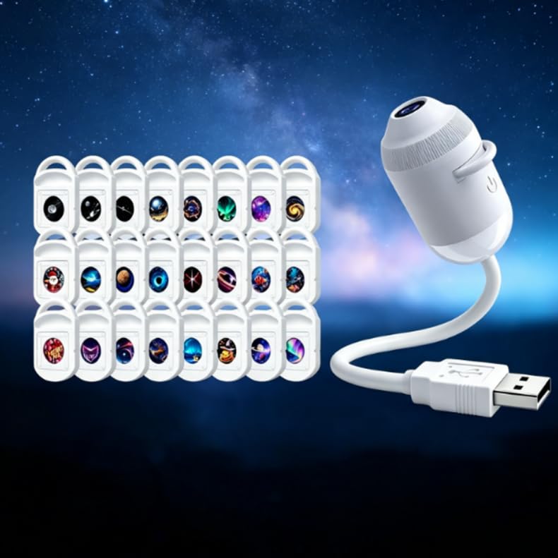 5D Holographic Night Light Projector，360°USB Star Projection Night Light with 24 Projection Films, Eye-Caring Mini Bedside Sleep Lamp, Portable ABS Starry Sky Projector Light for Bedroom，E-24 Films