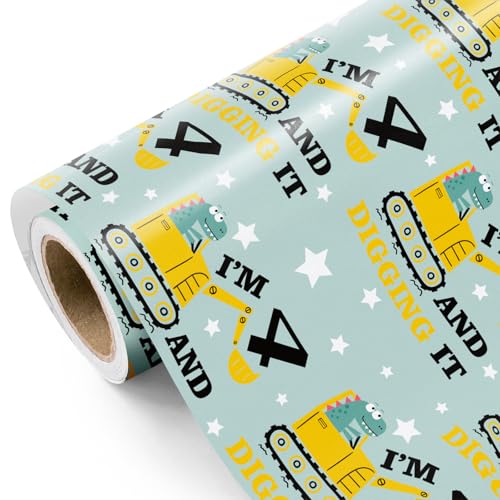 WRAPAHOLIC 4th Birthday Wrapping Paper Roll - Mini Roll - 17 Inch x 33 Feet - Adorable Dinosaurs Construction Design, Perfect for Kids Boys Birthday, Baby Shower
