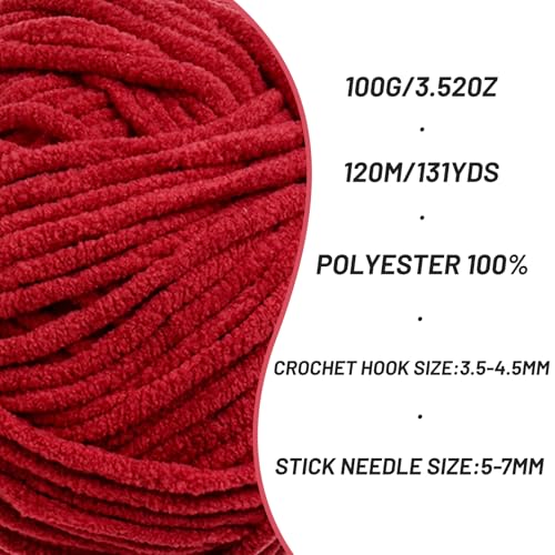 Image of 3 Packs Plush Chenille Chunky Crochet Yarn - Baby Yarn for Crocheting Soft - Velvet Yarns Knitting for Blankets Crafts - Fluffy Amigurumi Yarns 300g / 393yd (3 Burgundy)