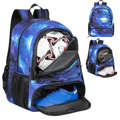 Soccer Ball Bag Backpack for Men with Ball & Shoes Compartment 32L Capacity Lightweight Breathable Boys Girls Basketball Bag Backpack Fit Volleyball Football Sports Travel School Gym Starry Blue