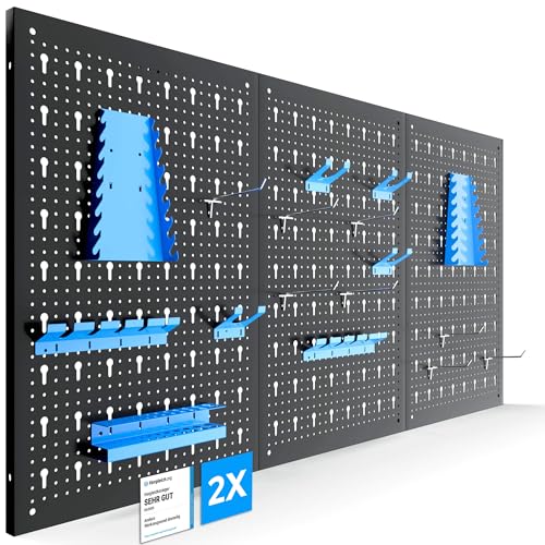 Arebos Werkzeugwand 6-teilige Lochwand Werkstatt | 34-teiliges Hakenset & Halterungen | 235,2 x 59,5 x 2 cm | Werkzeuglochwand aus Metall für Werkstatteinrichtung inkl. Montagematerial | Blau