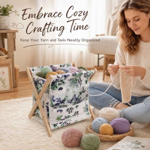 Image of Gkesgm Yarn Caddy Organizer with 6 Thread Holes | Bamboo Quilted Padded Knitting Storage Basket for Crochet Hooks, Knitting Needles, and Craft Accessories