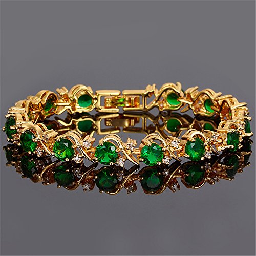 Rizilia Blossom Tennis Bracelet & Round Cut Cz [Simulated Green Emerald] In Yellow Gold Plated, 7" #TOP3