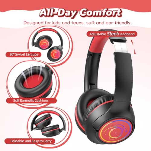 Image of Kids Bluetooth Headphones, 85H Wireless Headphones for Kids, Colorful LED Lights, 85 /94dB Safe Volume Limit, Bluetooth 5.4, Over Ear Toddler Headsets with Built-in Mic for Tablets Airplane,Black