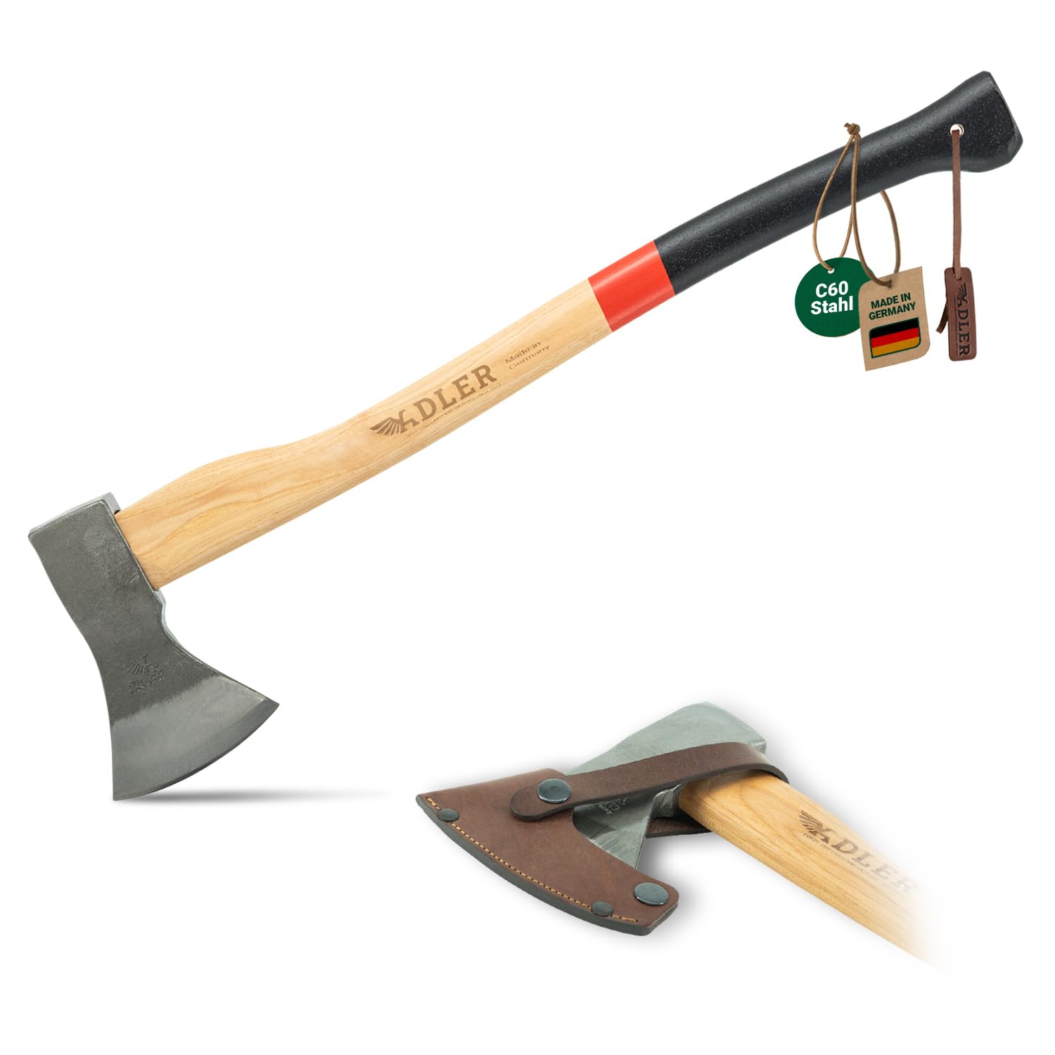 ADLER Rheinlandaxt 1250g – 70 cm Hickorystiel – C60 Stahl – Schwarz/Rot – Fällen, Entasten & Spalten bis Ø20cm – inkl. Lederschutz – Made in Germany