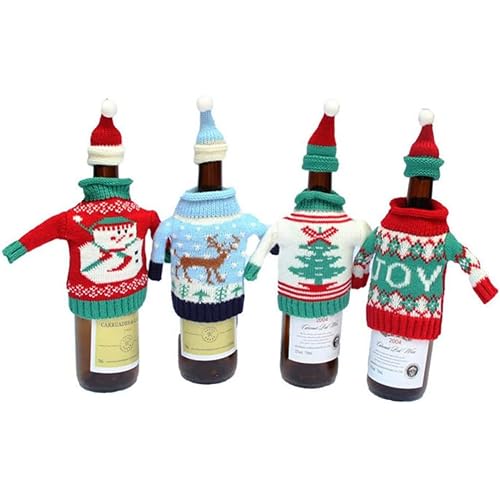 Christmas Wine Bottle Covers and Hats Kit, Gawertoy 4 Pack Ugly Christmas Sweater Wine Bottle Covers and Caps with Joy Snowman Xmas Tree Reindeer Pattern for Christmas Party Table Decorations