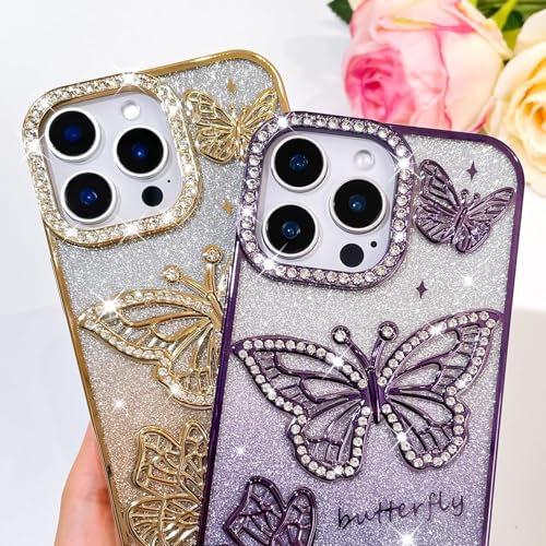 Image of Elzzi Electroplated Butterfly Phone Cover for iPhone 16 Pro Case, Showcasing Pearlescent Diamond Soft TPU, Camera Protection, Shockproof, Dropresistant Stylish for Girls & Women (Gold)