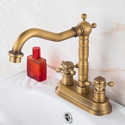 New Antique Brass Copper Double Hole Basin Faucet wash Basin Rotating Faucet Deck Mounted