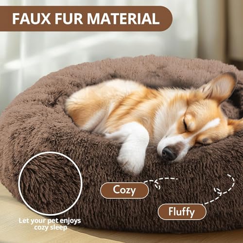 Image of JOLLYVOGUE Calming Dog Bed for Small Dogs - 23 inches Donut Washable Small Dog Bed for Kittens & Puppies, Anti-Slip Round Fluffy Plush Faux Fur Cat Beds (Fits up to 25 lbs Pets, Coffee)