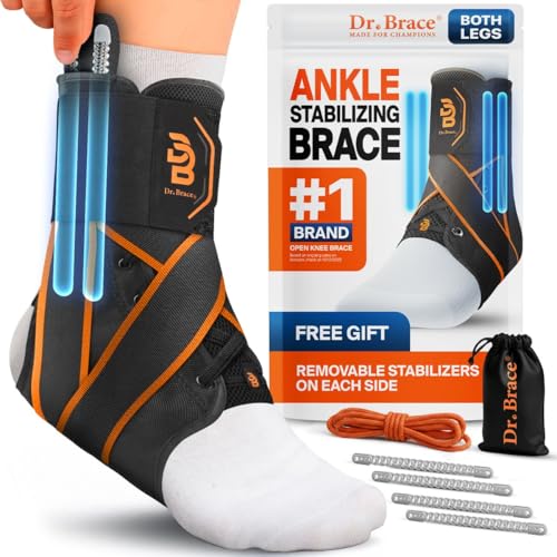 Dr. Brace®️ Breathable Ankle Brace For Sprained Ankle, Slim Fit. Unique Multi-Function Removable Stabilizer- Quick Lace Up Ankle Support for Women Men, Easy to use for Injury, Sprain, Sports (Black - Orange, X-Small)