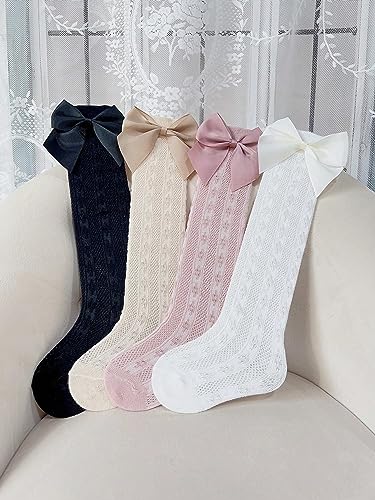 OYOANGLE Girl's 4 Pairs Cute Ruffle Knee High Socks Bow Front Over the Calf Socks Black White 2-3Y3