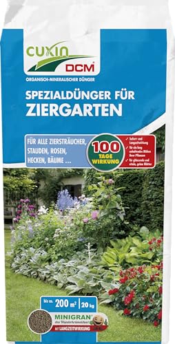 CUXIN DCM Spezialdünger für Ziergarten - Spezialdünger - Mit MINIGRAN® TECHNOLOGY- 100 Tage Langzeitwirkung - NPK- organisch-mineralischer Dünger - 20 kg