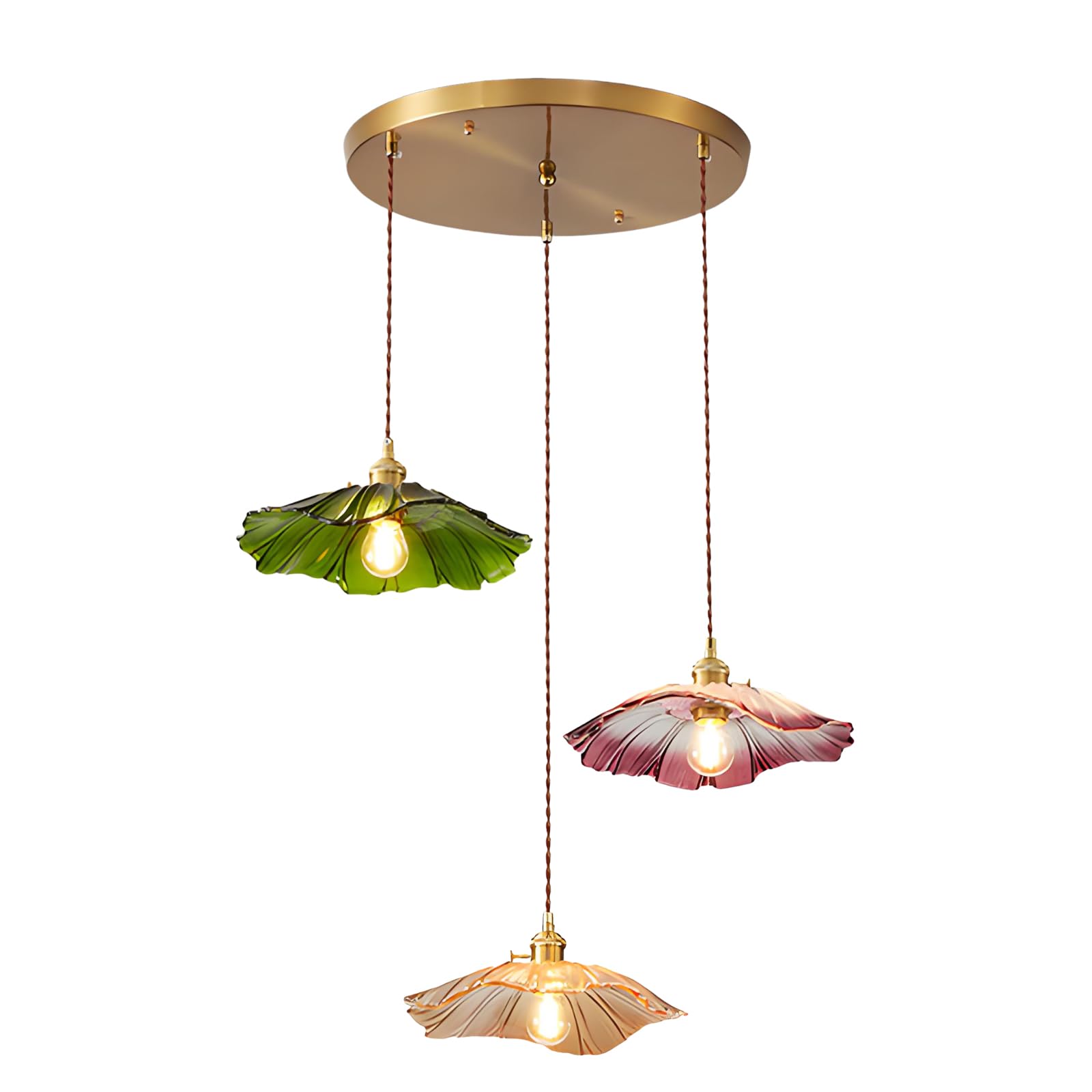 YNVIOZM Modern Glass Chandeliers, 3 Lights French Pastoral Village Hanging Pendant Light, Lotus Leaf Glass Shade Lighting Fixtures for Living Room, Dining Room, Bedroom, Coffee Shop