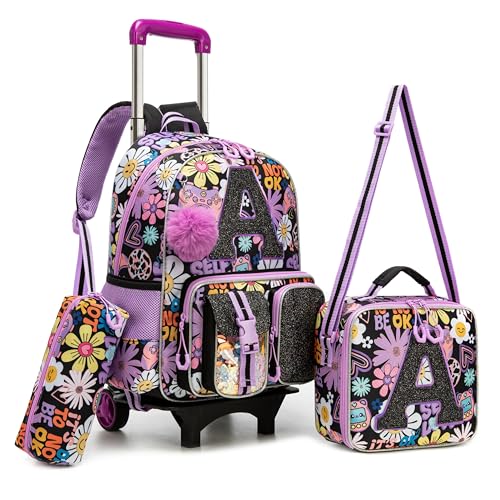 Image of HTgroce Cute Rolling Backpack for Girls Kids with Lunch Box & Pencil Case 3pcs Girls Rolling Backpacks for Elementary Middle School Bag with Wheels (Sun Flower Letter A)