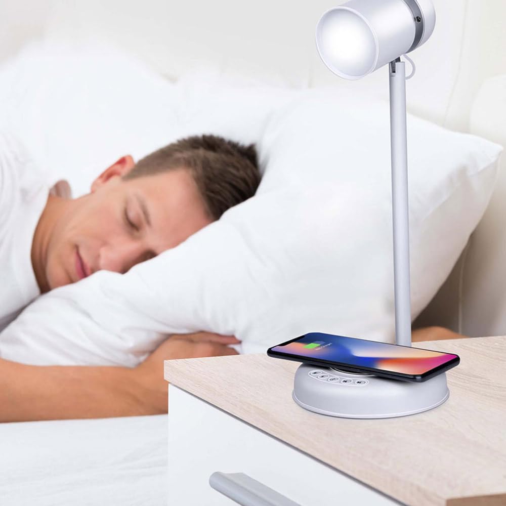 Grundig Lampa biurkowa LED 3 w 1 - technologia Qi - bezprzewodowa ładowarka do telefonu komórkowego - głośnik Bluetooth - 4 nóżki - biała