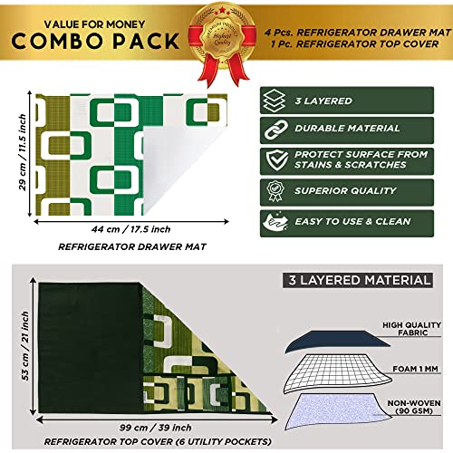 Image of Polyester 3-Layered Fridge Top Cover /Refrigerator Cover With Utility Pockets and Set of 4 Pc Fridge Mats (Color-Green, Size-39x21 Inches)