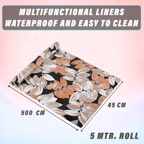Image of Kuber Industries 5 Meters Waterproof & Durable Kitchen Mats for Shelf Liner Roll | Wipeable Fridge Sheets for Shelves Cabinet Drawer | Leaf - Grey & Beige