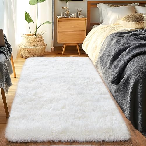 Runner Rugs for Bedroom 2x6 Rug Runners for Hallways Non Slip Soft Shag Bedside Rug, Fluffy Area Rug Throw Rugs for Living Room, Floor Carpet Runner for Nursery Kids Dorm, Cream White