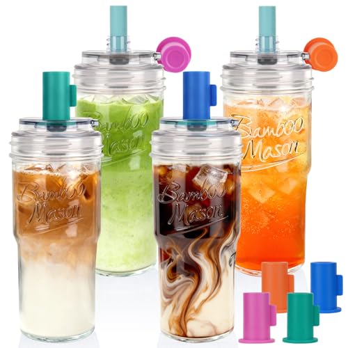 ANOTION Bamboo Mason 24oz Glass Tumbler with Straw Leakproof Lid, Mason Jar Cups 4 Color Caps, Self-Assembly Leak-Proof Lid Straw, Reusable Iced Coffee Cup, Mason Jar Drinking Glass Coffee Gifts