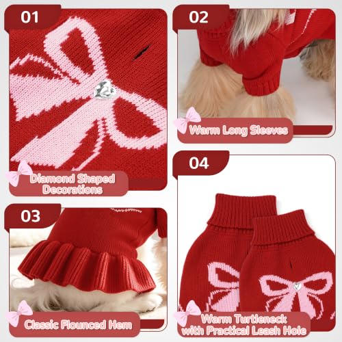 Image of YUDODO Bowknot Dog Sweater Dress for Small Dogs Girl, Stretchy Pet Clothes