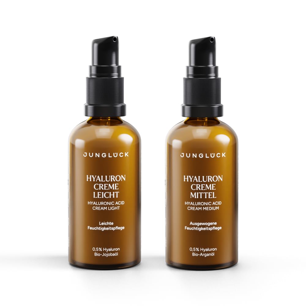 JUNGLÜCK Leichtes Pflege-Duo | Hyaluron Creme Leicht 50ml + Hyaluron Creme Mittel 50ml – mit 0,5% Hyaluron, Squalan & Bio-Jojobaöl