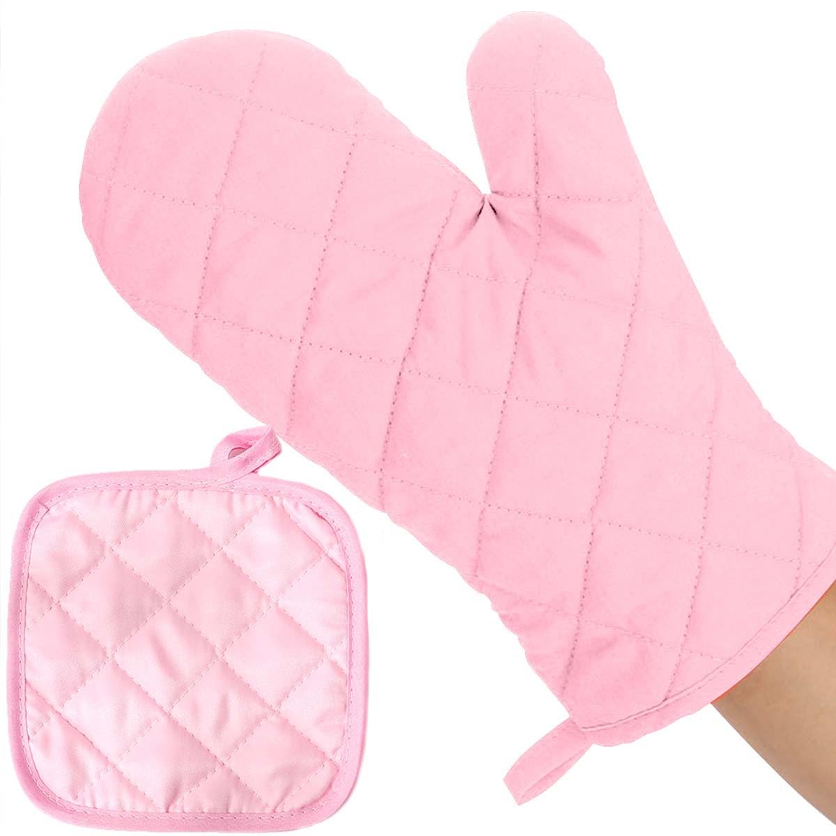 Set di 4 guanti da forno e presine rosa resistenti al calore (2 guanti + 2 imbottiture), in poliestere trapuntato a doppio strato, accessori da cucina per cottura e cottura