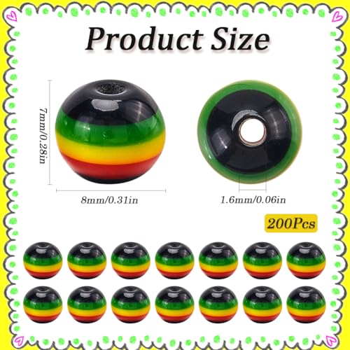 SOFPLATE 200Pcs Jamaica Beads Striped Bead Bulk 8mm Black Red Green Yellow Resin Round African Reggae Style Mini Loose Spacer Rasta Beads for Jewelry Making Bracelet Necklace DIY Crafts Accessories - Image 2