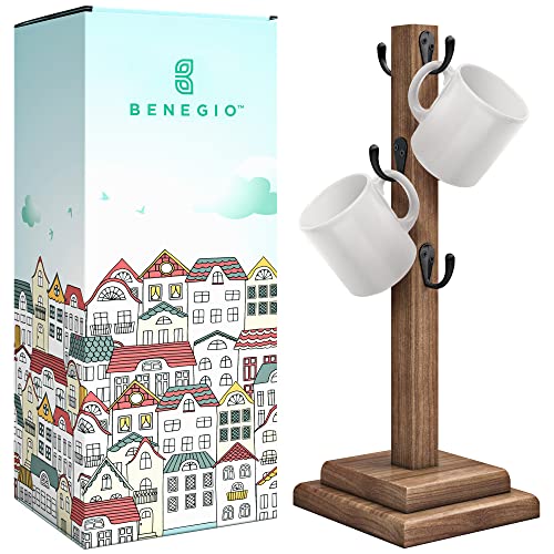 Coffee Cup Holder Mug Tree - BENEGIO Mug Rack Timeless Collection - Satin Medium Roast Finish - Superior Craftsmanship - Anti-Tip & Slip Coffee Station Organizer - Coffee Mug Holder for Counter & Bar