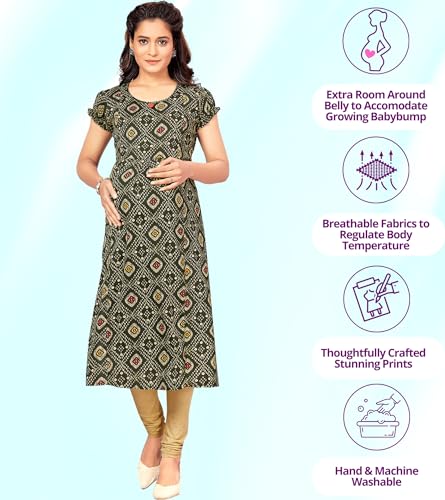 Image of RITIJYA Maternitywear Poly Viscose Straight Feeding Kurtis for Women with Zip | Maternity Dress for Nursing & Pregnancy (9089 40,Energetic Green)