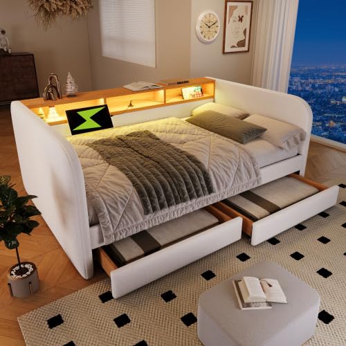 Zepneiy Canapé lit 140 x 190 avec sommier, Canapé Convertible 2 Places avec LED et USB, Lit Coffre avec 2 tiroirs et sommier Lattes Meuble Multifonction Salon, Lin...